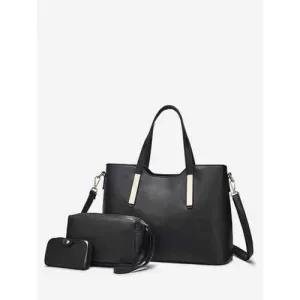 3 Pieces Minimalist Solid PU Leather Tote Bag Set - Black