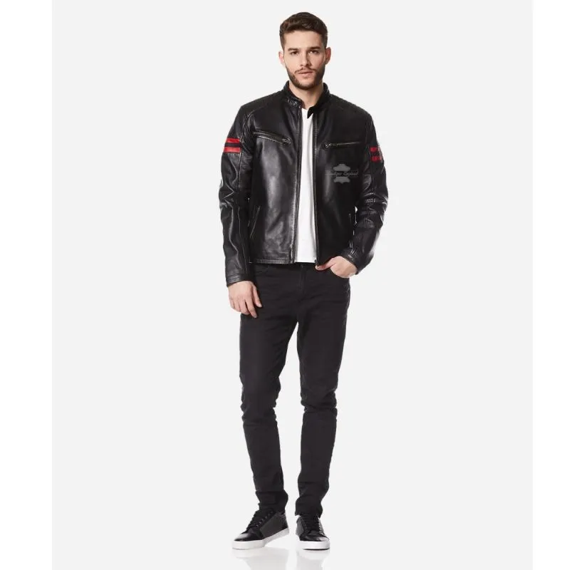 BLOODLINE Racing Leather Jacket Black Red Stripe Fashion Jacket