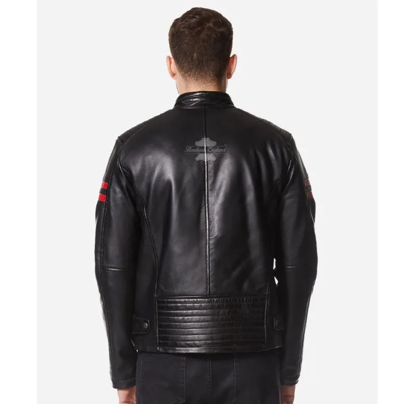 BLOODLINE Racing Leather Jacket Black Red Stripe Fashion Jacket