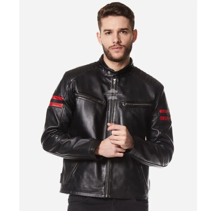 BLOODLINE Racing Leather Jacket Black Red Stripe Fashion Jacket