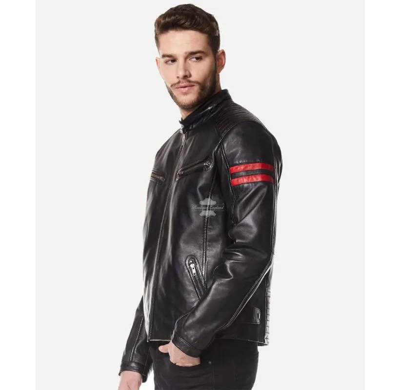 BLOODLINE Racing Leather Jacket Black Red Stripe Fashion Jacket