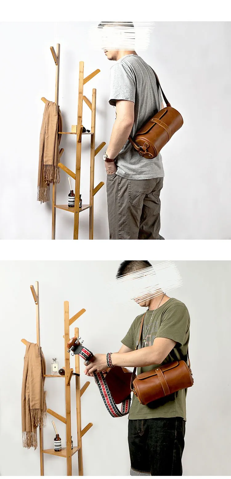 Brown Leather Mens Casual Bucket Shoulder Bag Barrel Messenger Bags Postman Bag For Men