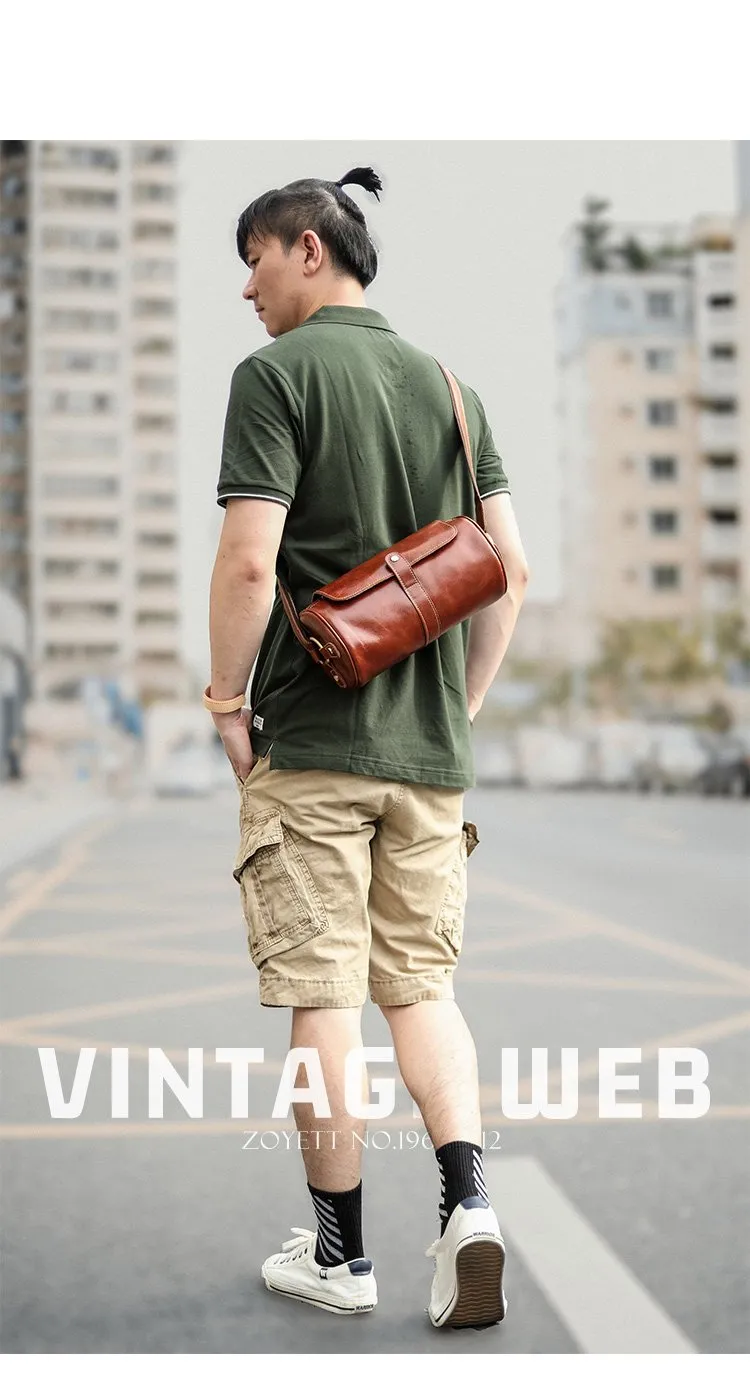 Brown Leather Mens Casual Bucket Shoulder Bag Barrel Messenger Bags Postman Bag For Men