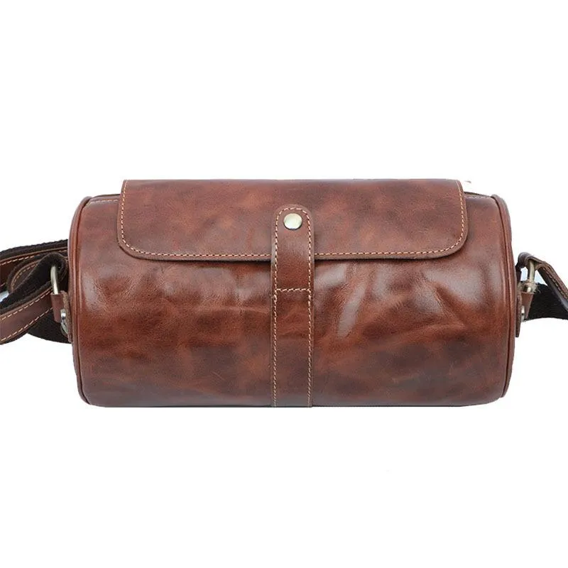 Brown Leather Mens Casual Bucket Shoulder Bag Barrel Messenger Bags Postman Bag For Men