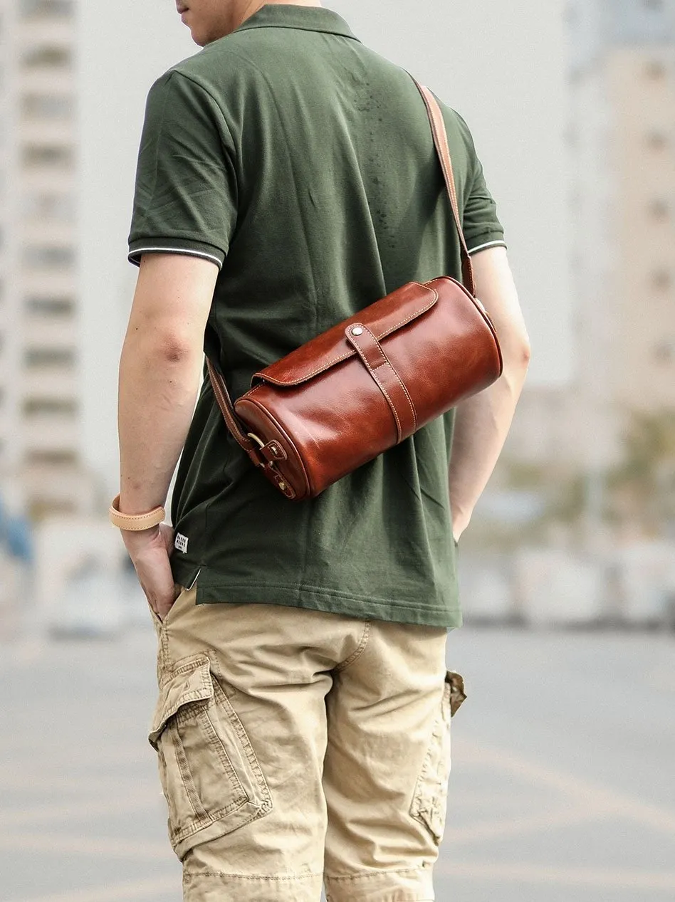 Brown Leather Mens Casual Bucket Shoulder Bag Barrel Messenger Bags Postman Bag For Men