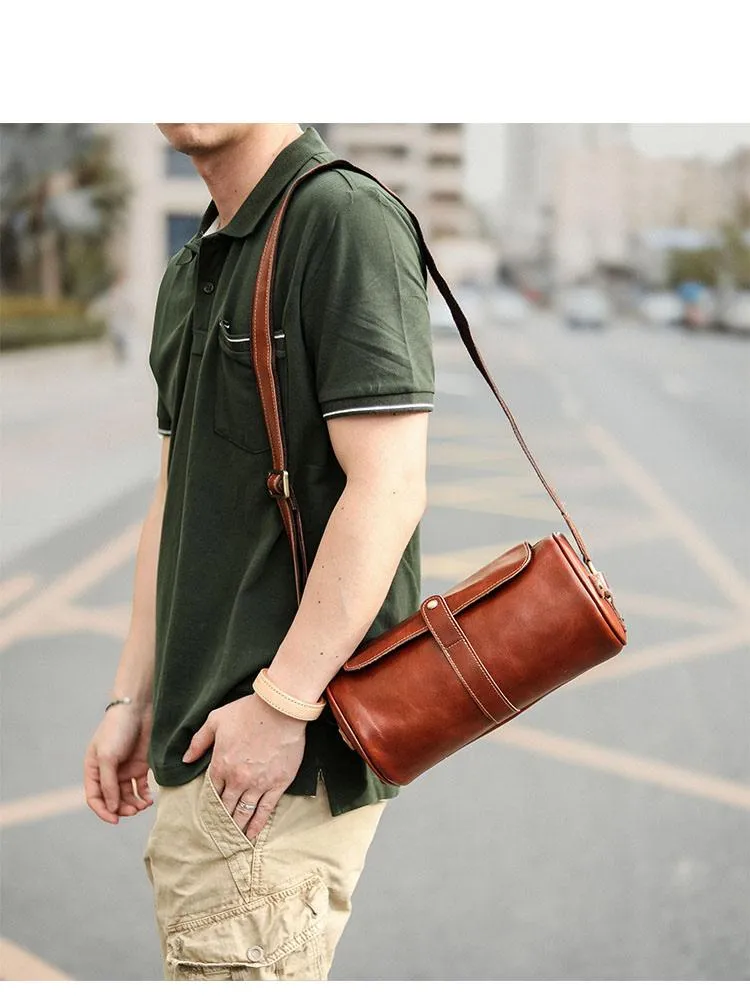 Brown Leather Mens Casual Bucket Shoulder Bag Barrel Messenger Bags Postman Bag For Men