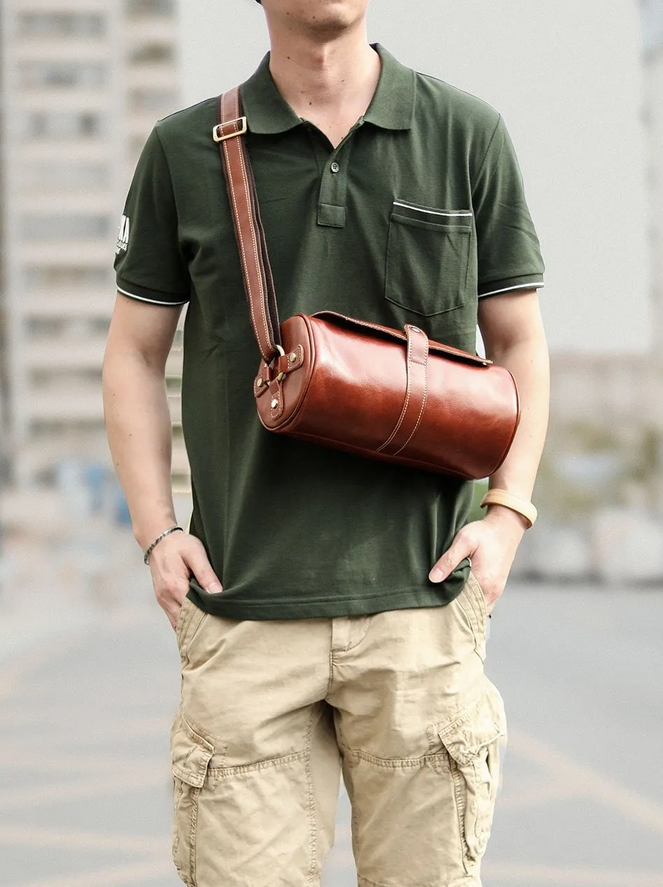 Brown Leather Mens Casual Bucket Shoulder Bag Barrel Messenger Bags Postman Bag For Men