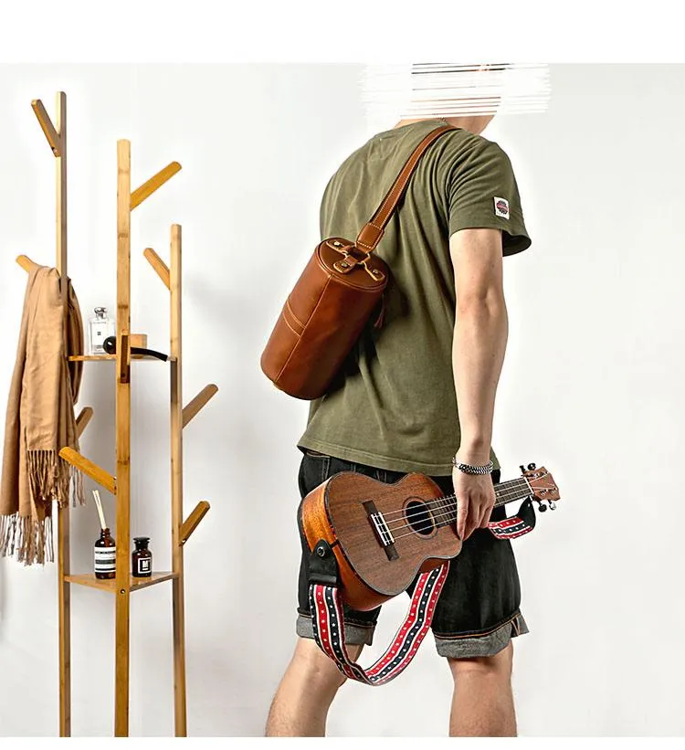 Brown Leather Mens Casual Bucket Shoulder Bag Barrel Messenger Bags Postman Bag For Men