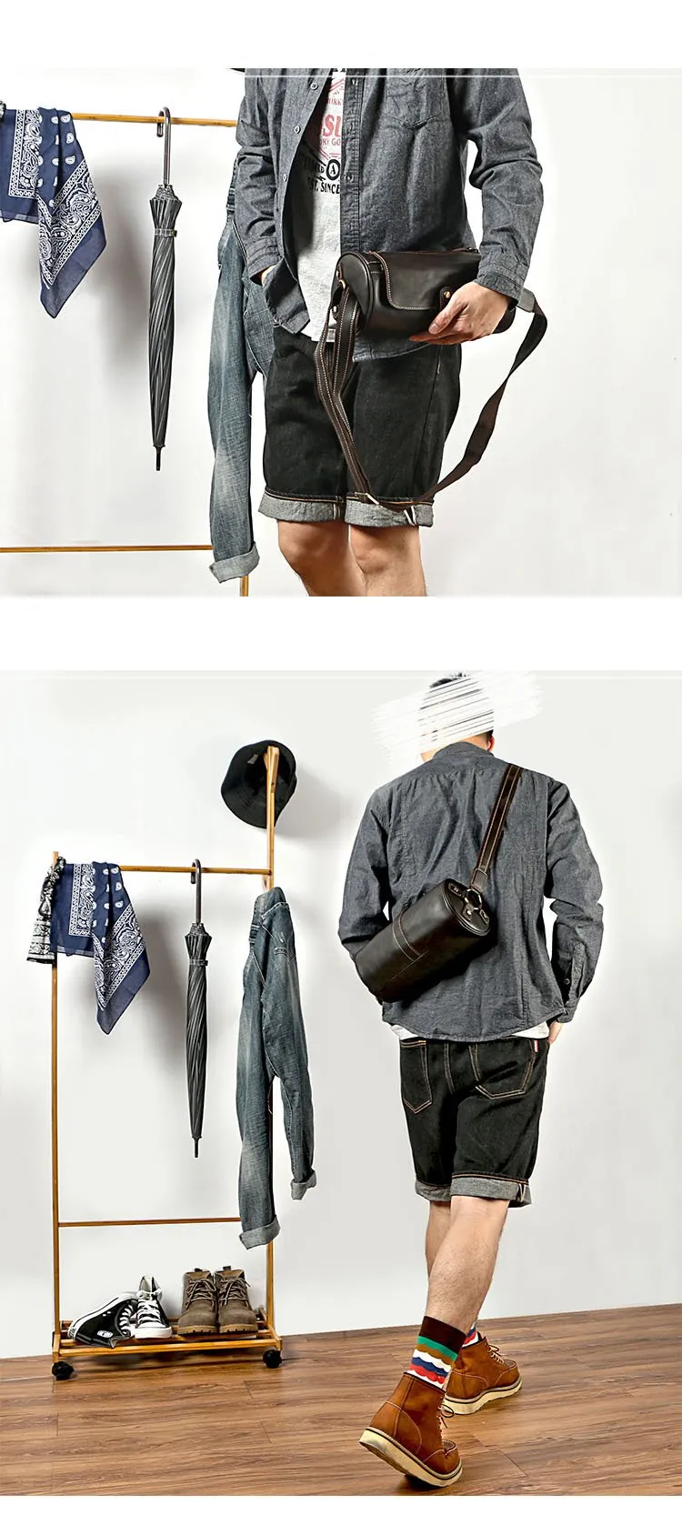 Brown Leather Mens Casual Bucket Shoulder Bag Barrel Messenger Bags Postman Bag For Men