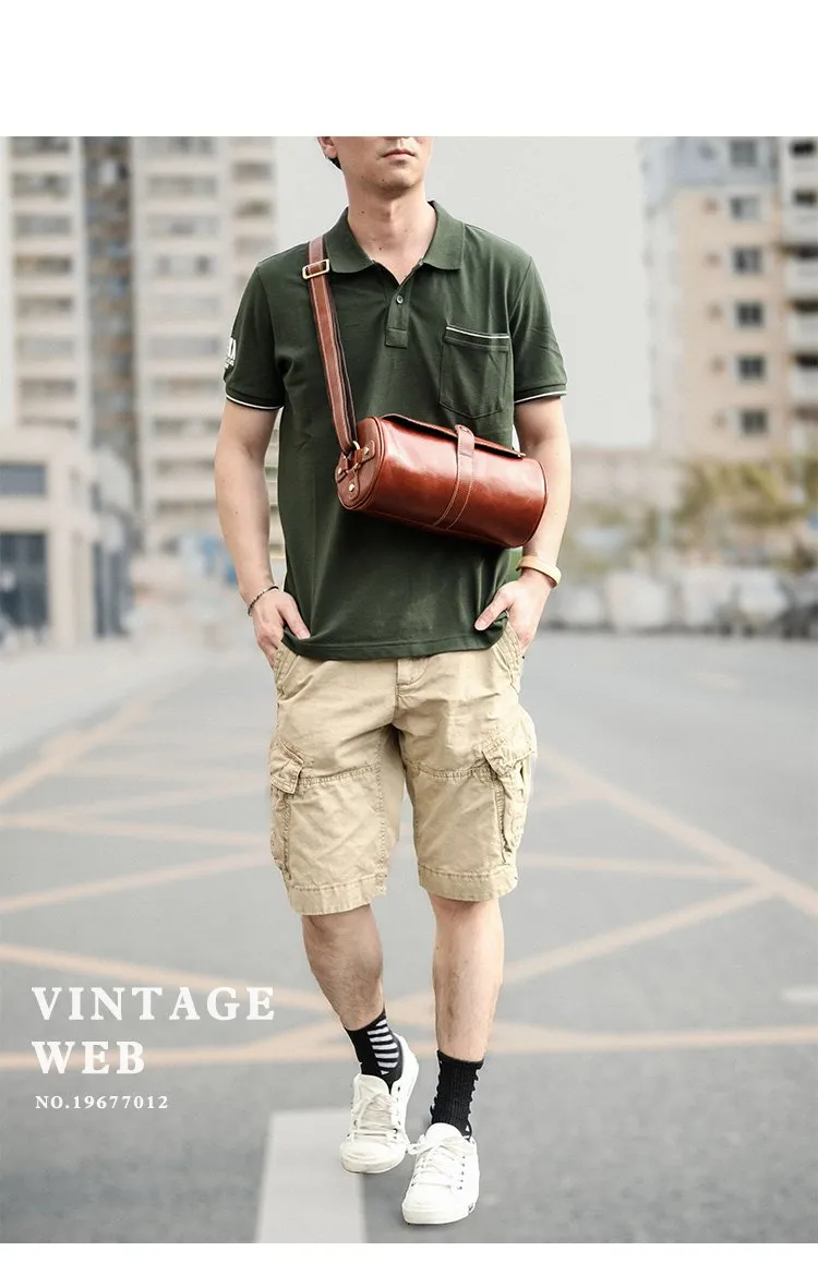 Brown Leather Mens Casual Bucket Shoulder Bag Barrel Messenger Bags Postman Bag For Men