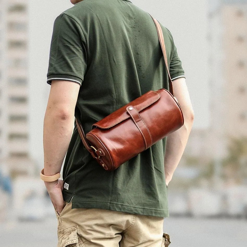 Brown Leather Mens Casual Bucket Shoulder Bag Barrel Messenger Bags Postman Bag For Men