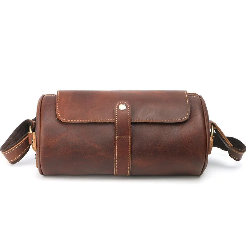Brown Leather Mens Casual Bucket Shoulder Bag Barrel Messenger Bags Postman Bag For Men
