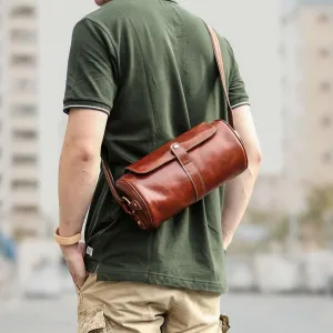 Brown Leather Mens Casual Bucket Shoulder Bag Barrel Messenger Bags Postman Bag For Men
