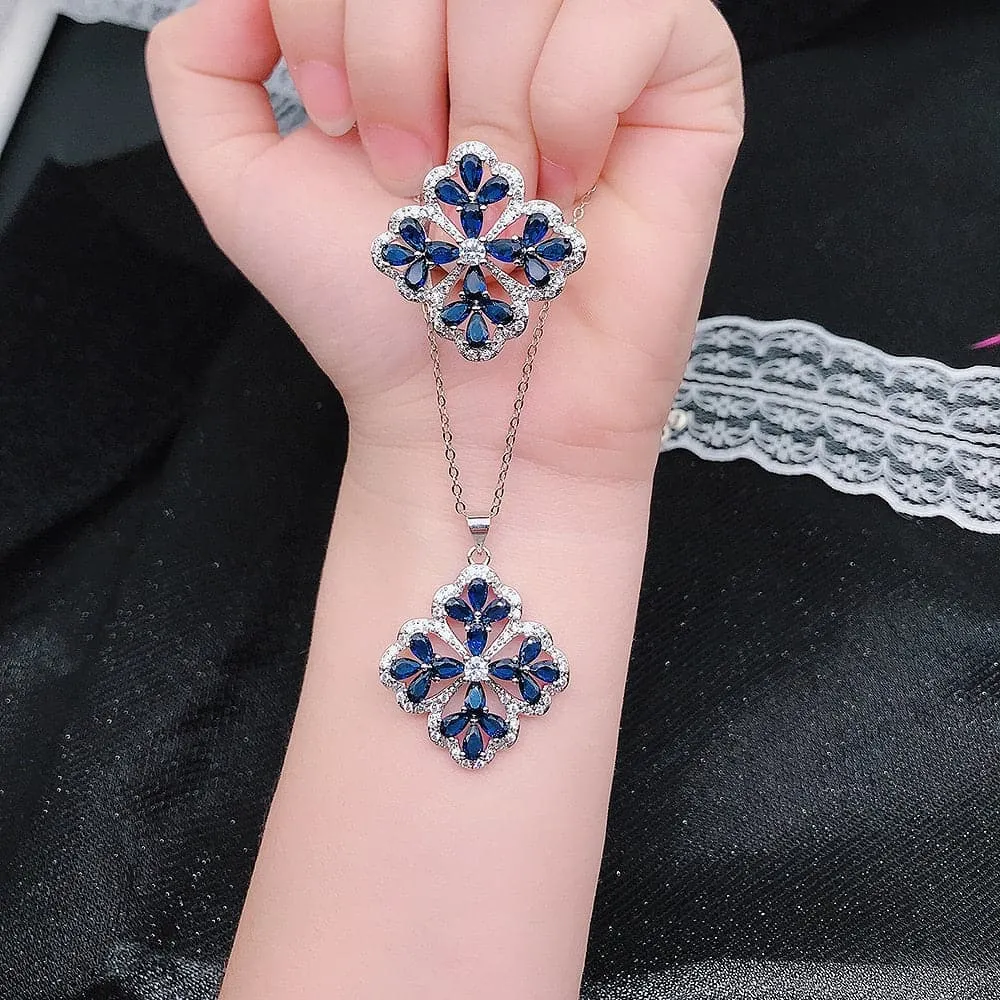 CHARLIN Women's Fashion Elegant Luxury Statement Blue Cubic Zirconia Necklace & Ring Jewelry