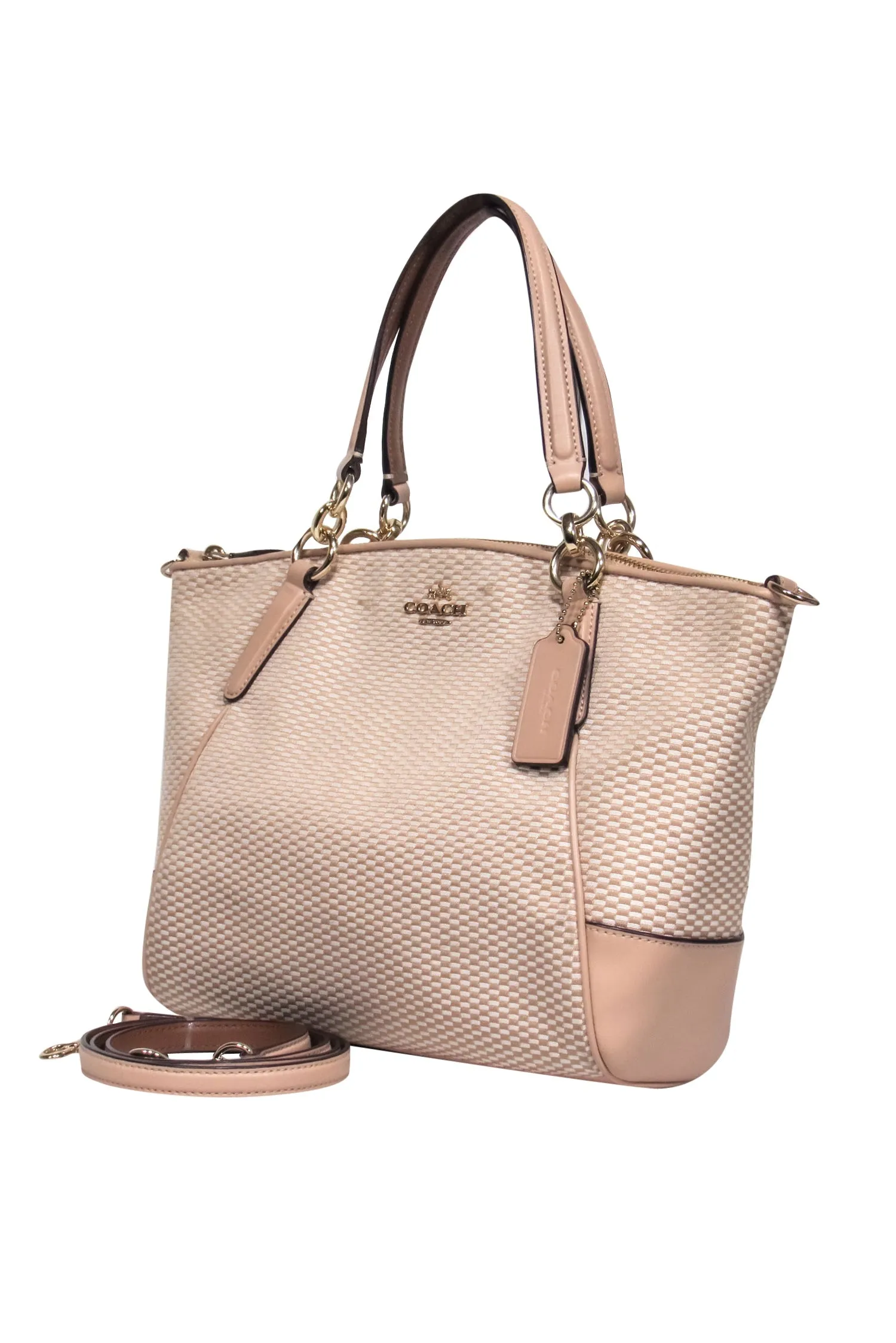 Coach - Nude & White Checkered Pattern Textile Handbag