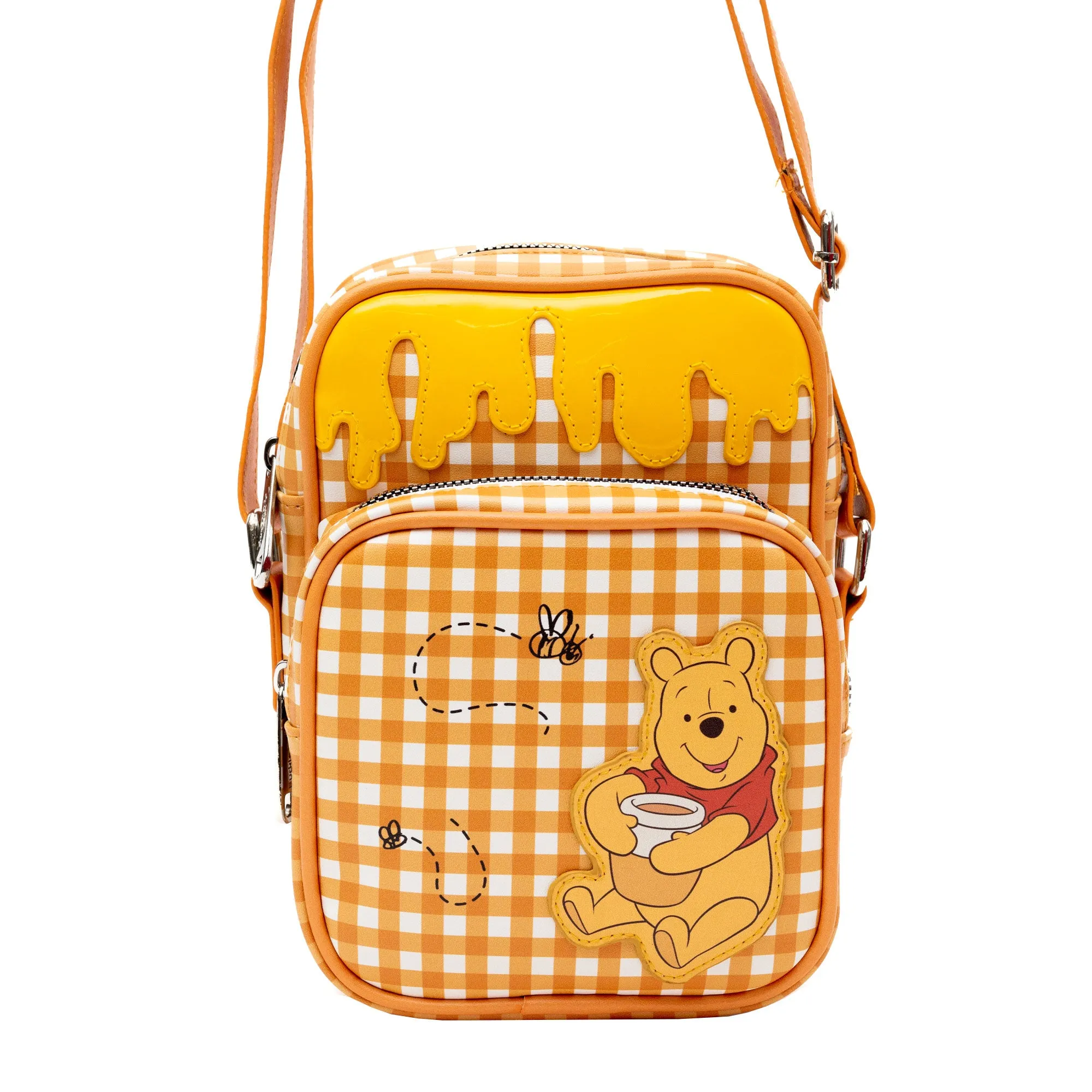 Disney Vegan Leather Crossbody bag with Adjustable Straps, Winnie the Pooh Hunny Pot Pose with Honey Drip Gingham White/Golden Yellow, 5.5" x 8.5"