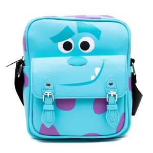 Disney Vegan Leather Crossbody Bag with Front Pocket, Monsters Sulley Smiling Character and Spots Blue Purple, 7.5" x 9"
