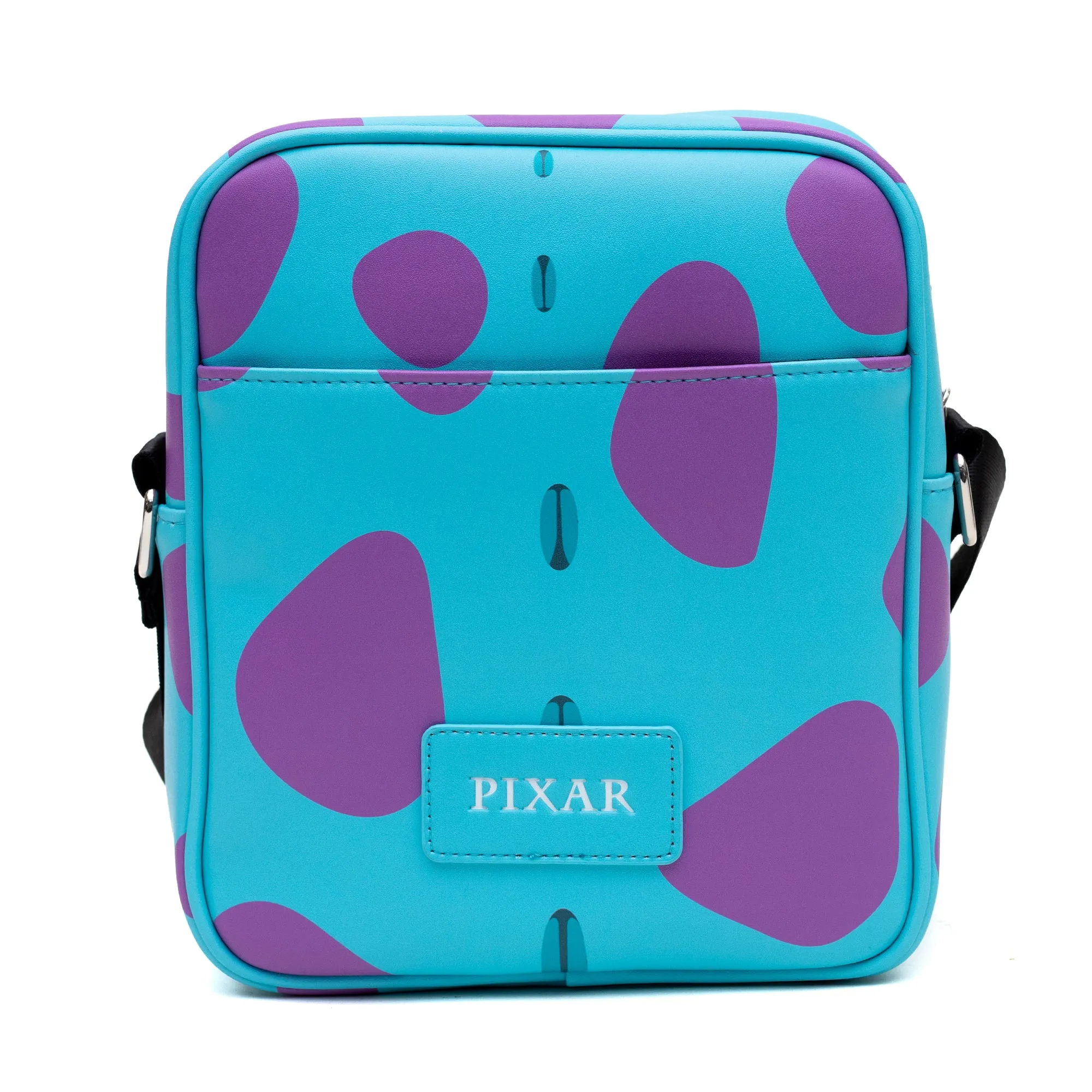 Disney Vegan Leather Crossbody Bag with Front Pocket, Monsters Sulley Smiling Character and Spots Blue Purple, 7.5" x 9"