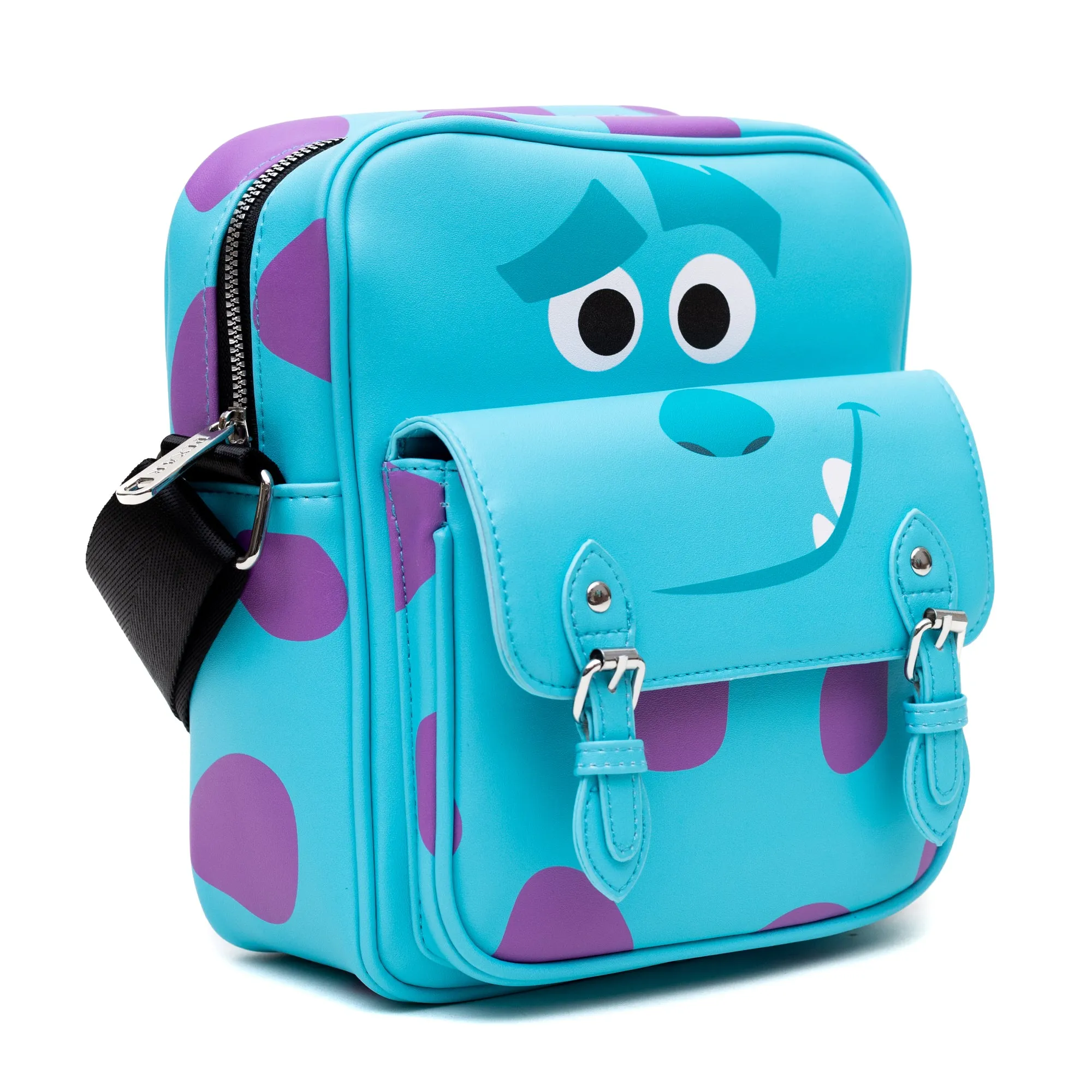 Disney Vegan Leather Crossbody Bag with Front Pocket, Monsters Sulley Smiling Character and Spots Blue Purple, 7.5" x 9"