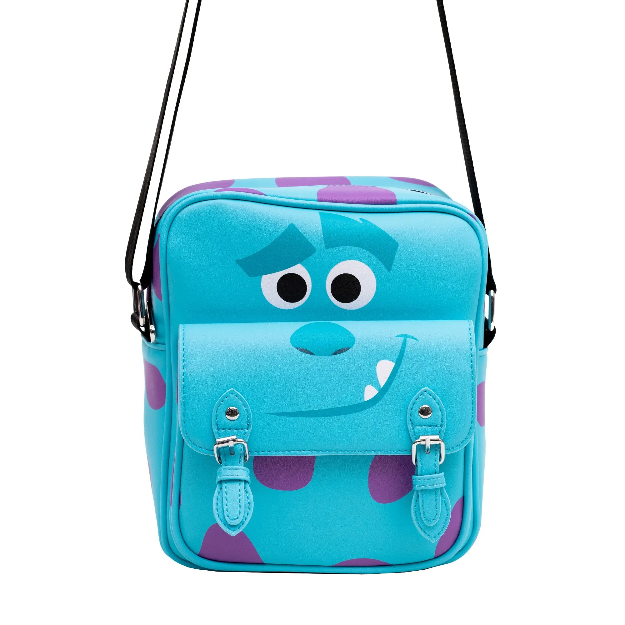 Disney Vegan Leather Crossbody Bag with Front Pocket, Monsters Sulley Smiling Character and Spots Blue Purple, 7.5" x 9"