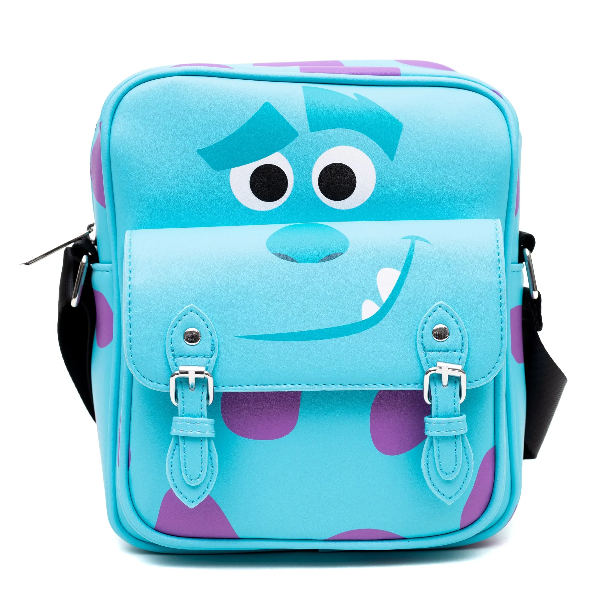 Disney Vegan Leather Crossbody Bag with Front Pocket, Monsters Sulley Smiling Character and Spots Blue Purple, 7.5" x 9"