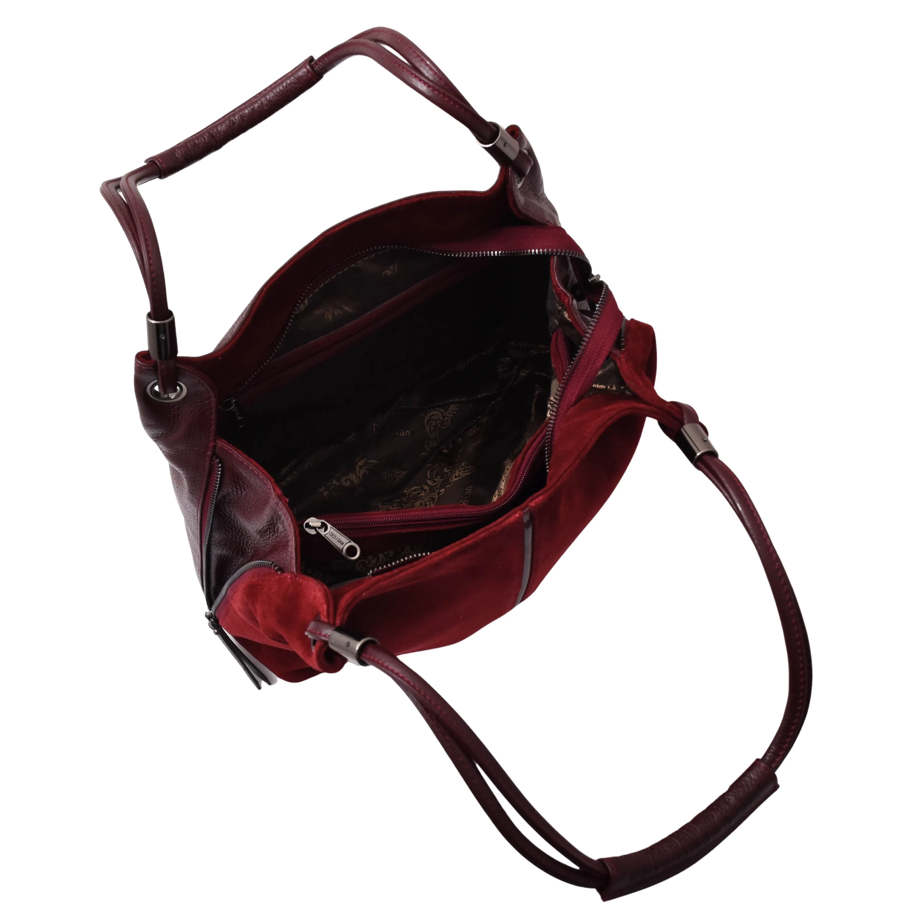 DR593 Women's Suede Leather Large Shoulder Bag Zip Hobo Bag Burgundy