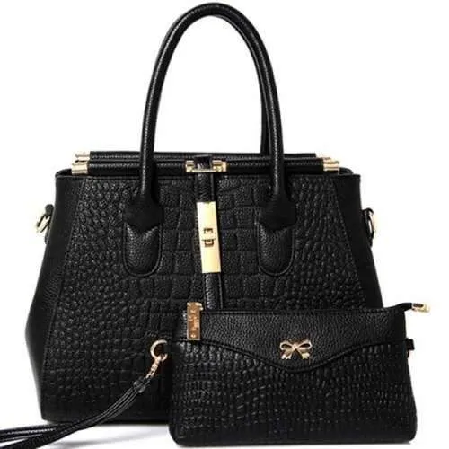 Fashion Hasp and Crocodile Print Design Women's Tote Bag - Black
