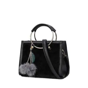 Faux Fur Metal Ring Pompon Panel Handbag - Black