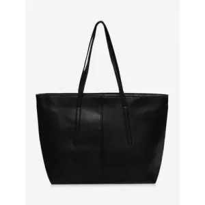 Faux Leather Stitching Zip Tote Bag - Black
