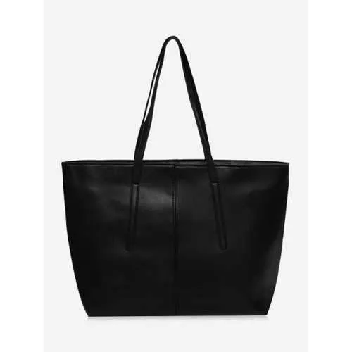 Faux Leather Stitching Zip Tote Bag - Black