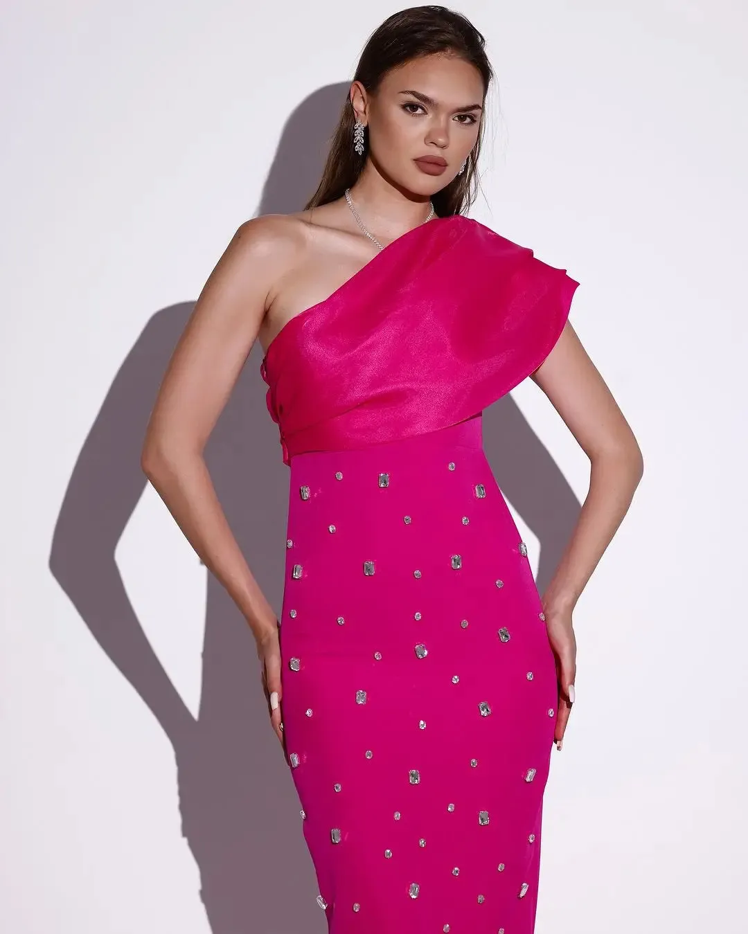 High-end One Shoulder Shiny Crystal Long Dress