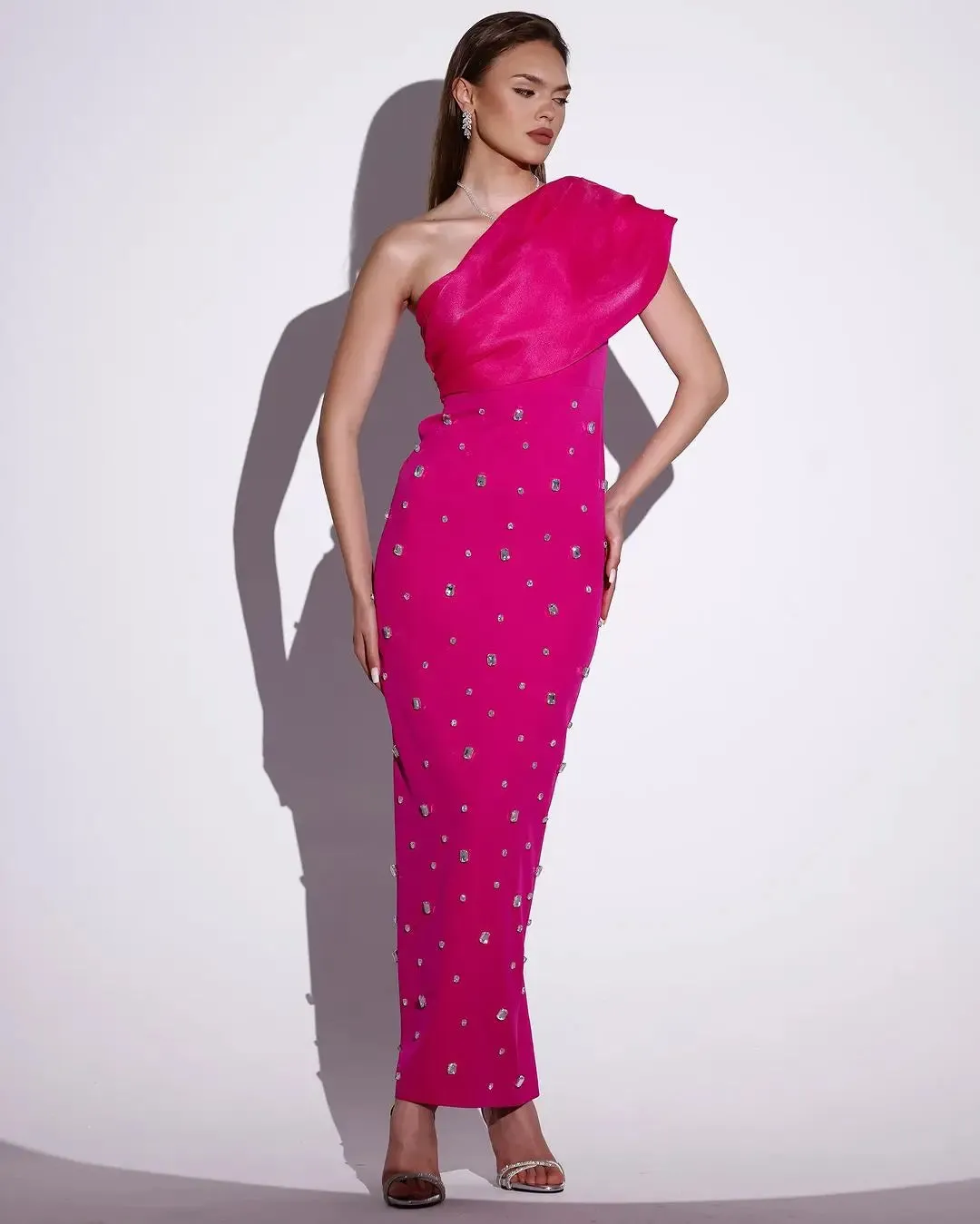 High-end One Shoulder Shiny Crystal Long Dress