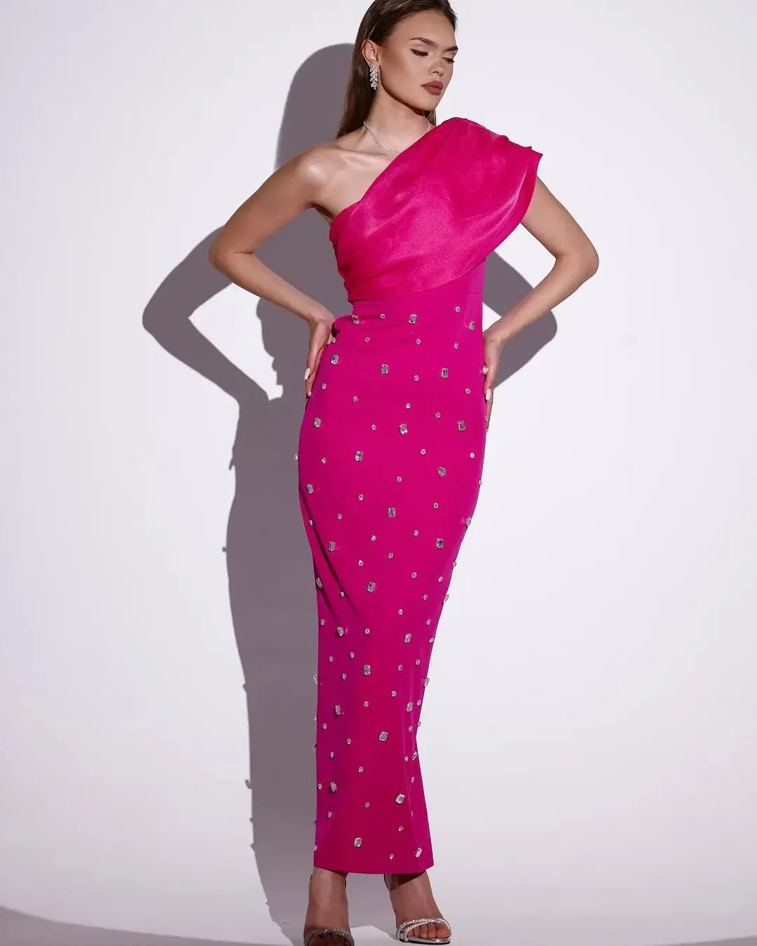 High-end One Shoulder Shiny Crystal Long Dress