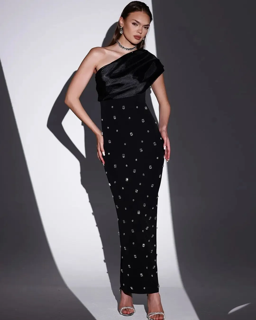High-end One Shoulder Shiny Crystal Long Dress