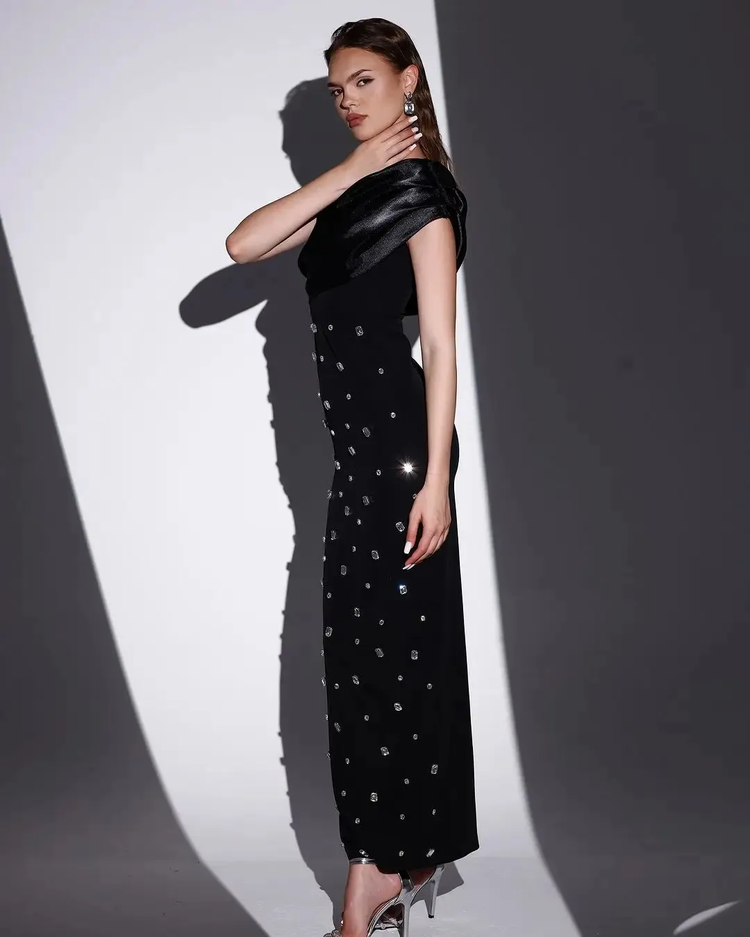 High-end One Shoulder Shiny Crystal Long Dress