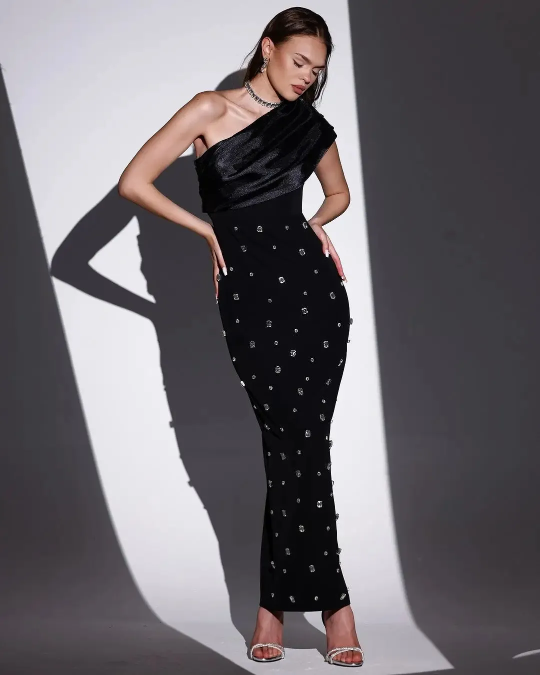 High-end One Shoulder Shiny Crystal Long Dress