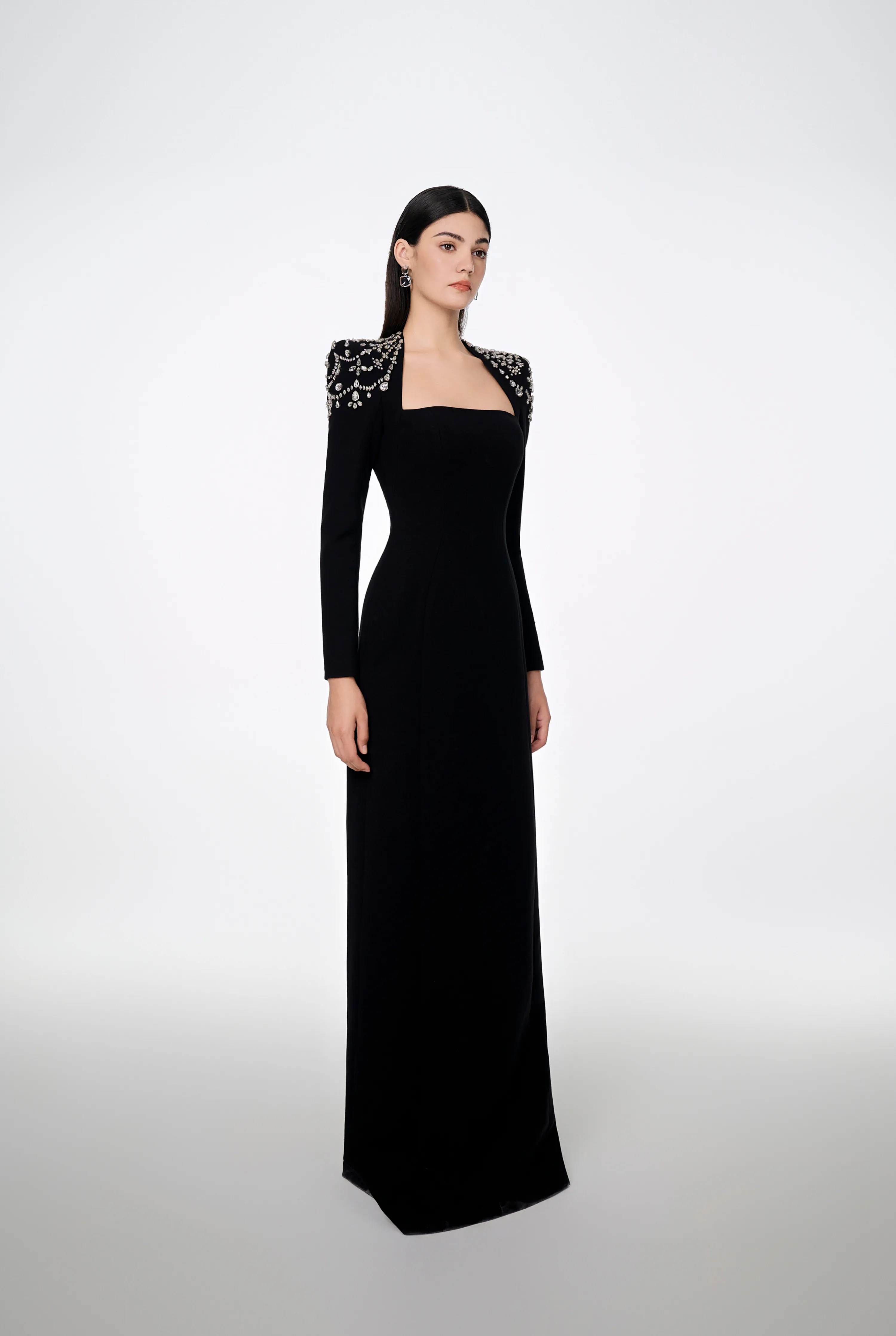 Long Sleeve Trapezoid Neckline Bodycon Full Black Dress - Nina