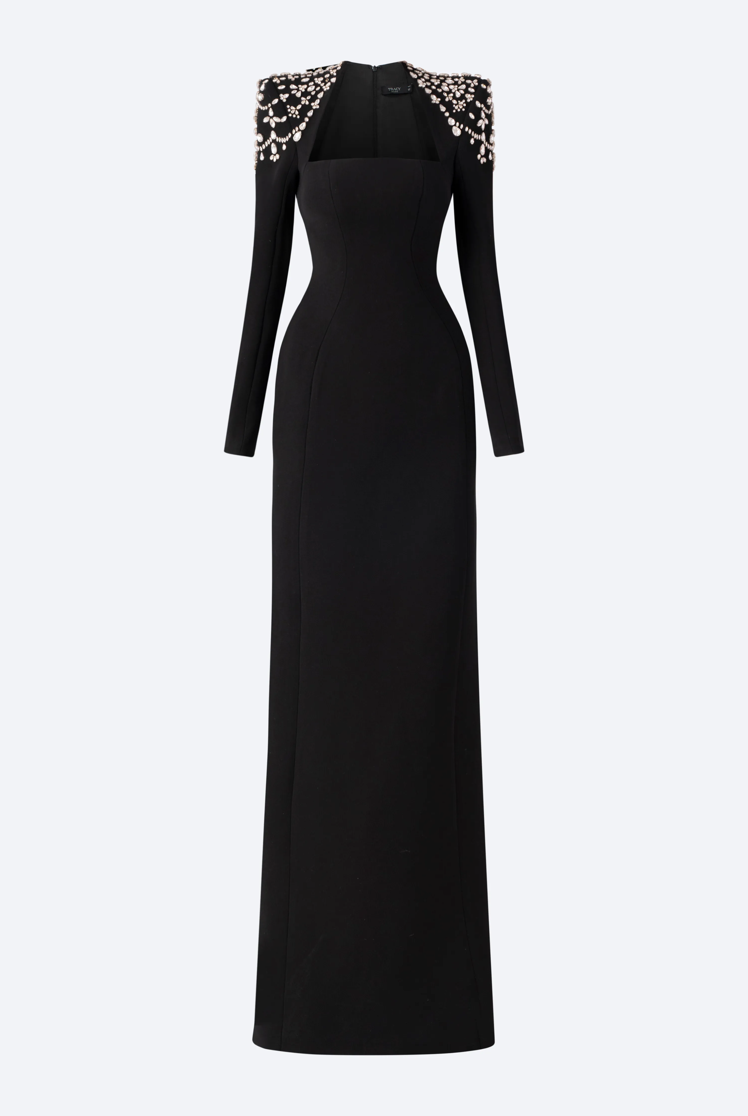 Long Sleeve Trapezoid Neckline Bodycon Full Black Dress - Nina