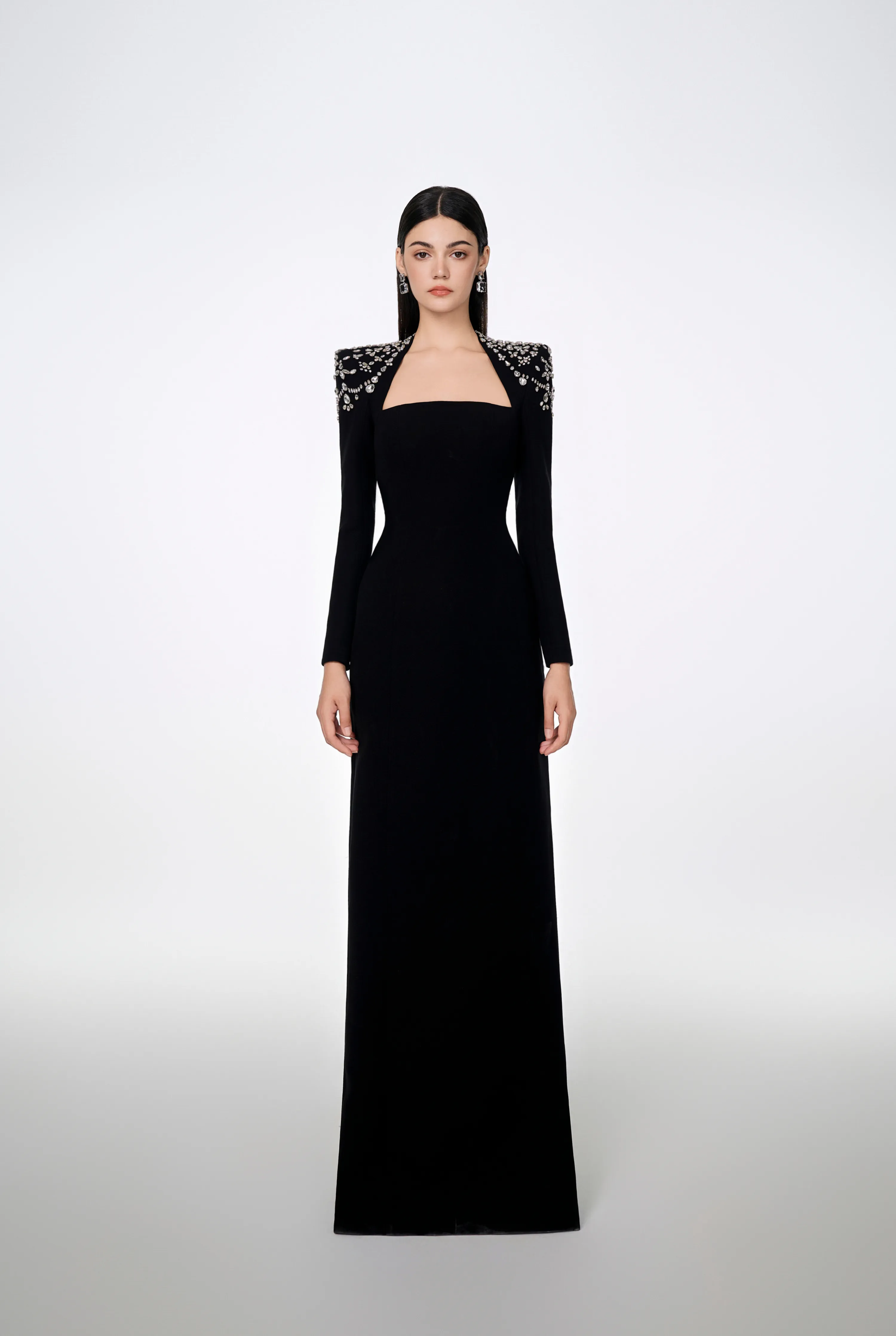 Long Sleeve Trapezoid Neckline Bodycon Full Black Dress - Nina