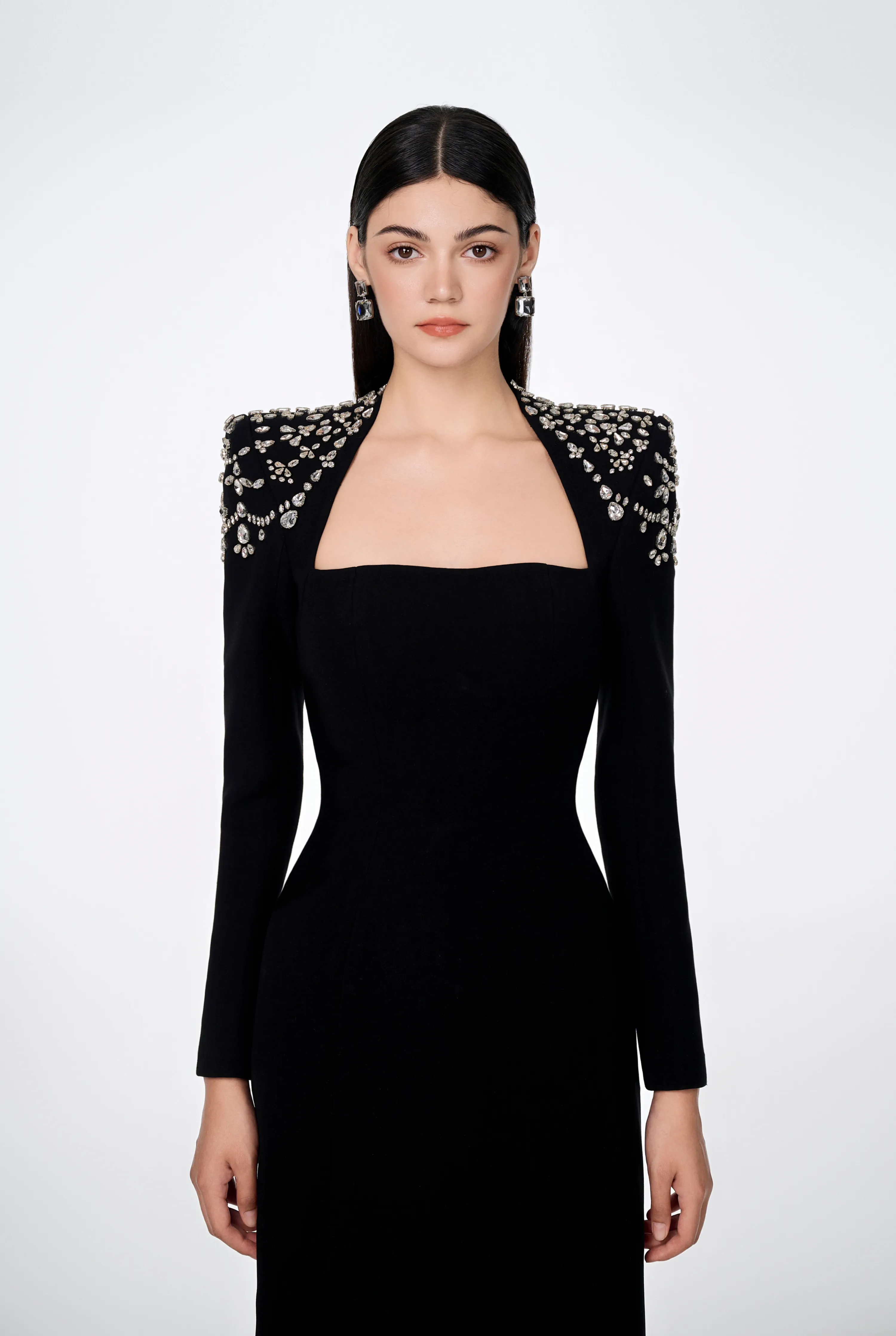 Long Sleeve Trapezoid Neckline Bodycon Full white Dress - Nina
