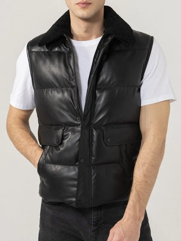 MENS BLACK LEATHER PUFFER VEST BY TJS