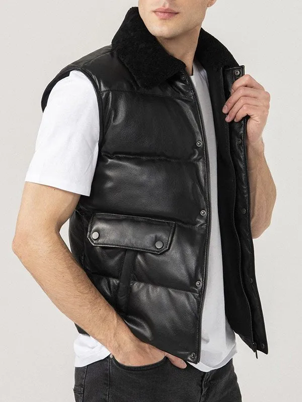 MENS BLACK LEATHER PUFFER VEST BY TJS