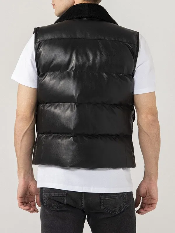 MENS BLACK LEATHER PUFFER VEST BY TJS