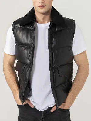 MENS BLACK LEATHER PUFFER VEST BY TJS