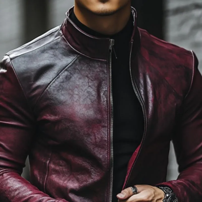 Men's Classic Casual Stand Collar Slim Fit Textured Leather Jacket 99562383K