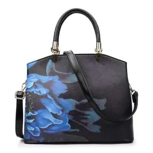 Metal Detail Flower Printed Handbag - Black