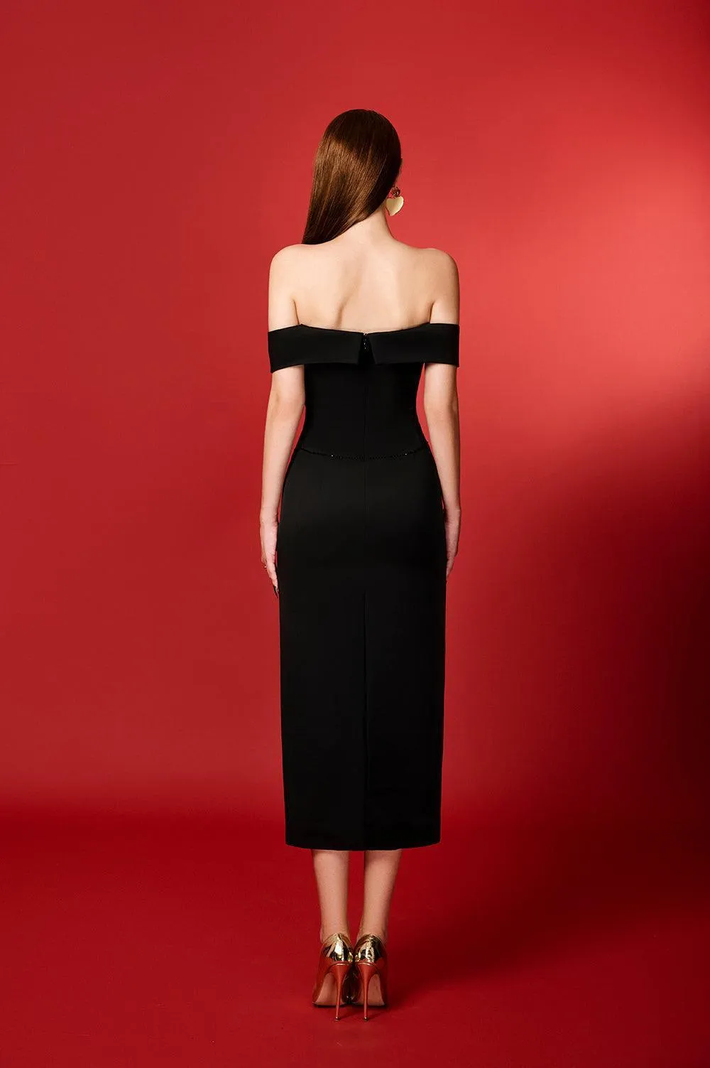 Nova Pencil Off-Shoulder Taffeta Midi Dress