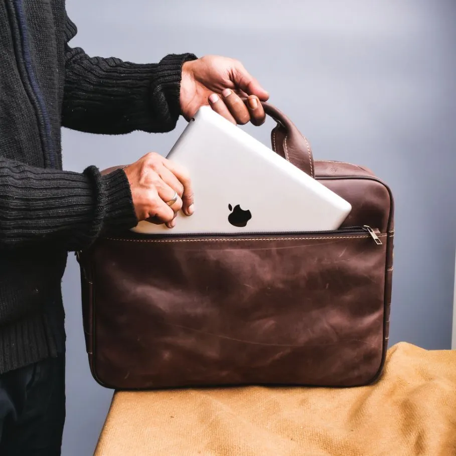 Oxford Pure Leather Vintage Business Laptop Bag-Dark Brown