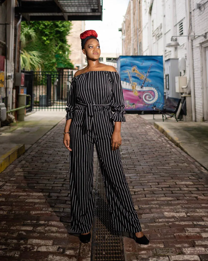 "Match in Style: WOMEN Black & White Striped Jumpsuit