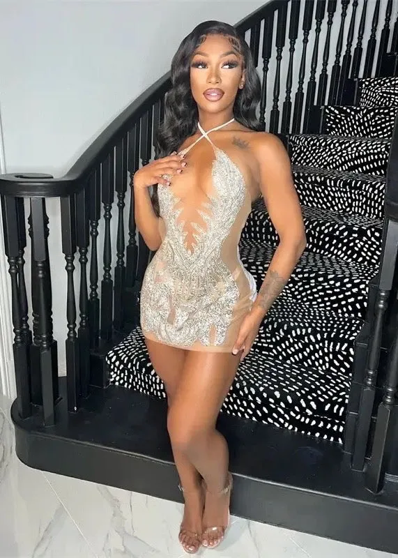 Rhinestone Decor Back Tied Mesh Mini Dress